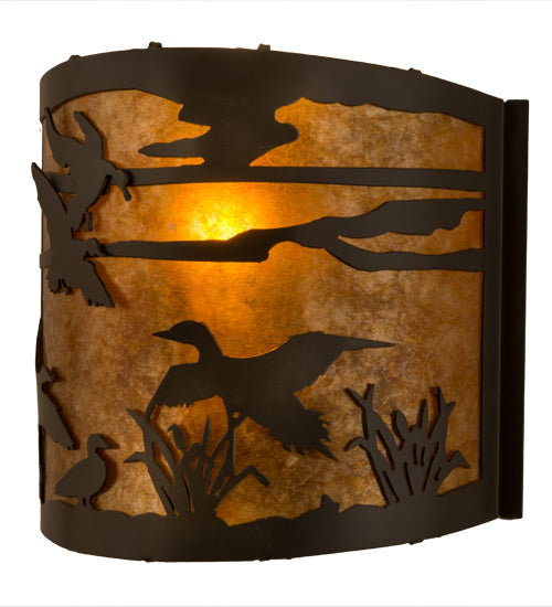 Meyda Lighting Ducks in Flight 12" Timeless Bronze Wall Sconce With Amber Mica Shade Glass