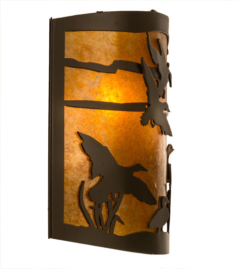 Meyda Lighting Ducks in Flight 12" Timeless Bronze Wall Sconce With Amber Mica Shade Glass