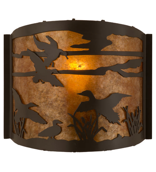 Meyda Lighting Ducks in Flight 12" Timeless Bronze Wall Sconce With Amber Mica Shade Glass