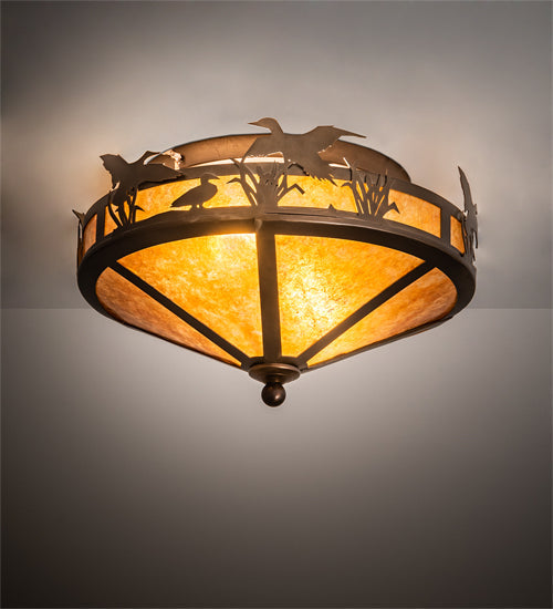 Meyda Lighting Ducks in Flight 16" 2-Light Antique Copper Flush Mount Light With Amber Mica Shade Glass