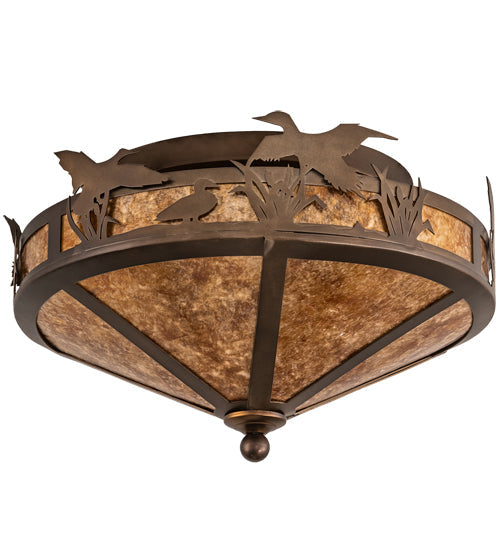 Meyda Lighting Ducks in Flight 16" 2-Light Antique Copper Flush Mount Light With Amber Mica Shade Glass