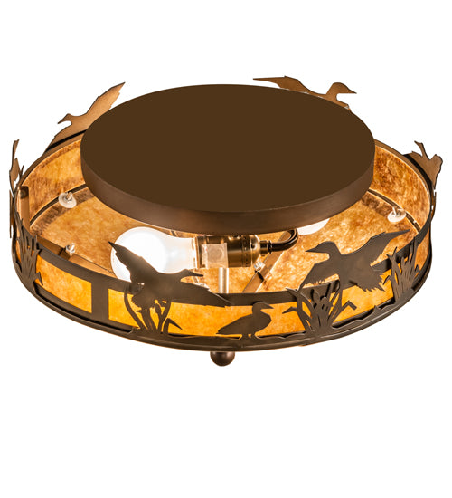 Meyda Lighting Ducks in Flight 16" 2-Light Antique Copper Flush Mount Light With Amber Mica Shade Glass