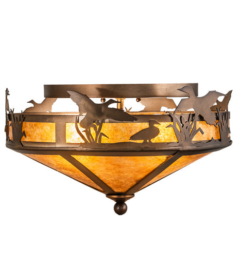 Meyda Lighting Ducks in Flight 16" 2-Light Antique Copper Flush Mount Light With Amber Mica Shade Glass