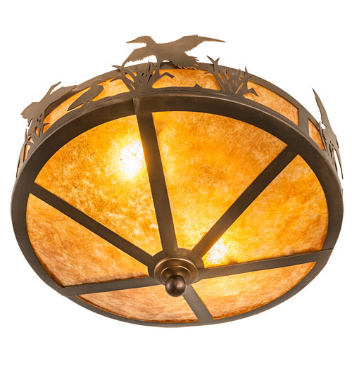 Meyda Lighting Ducks in Flight 16" 2-Light Antique Copper Flush Mount Light With Amber Mica Shade Glass