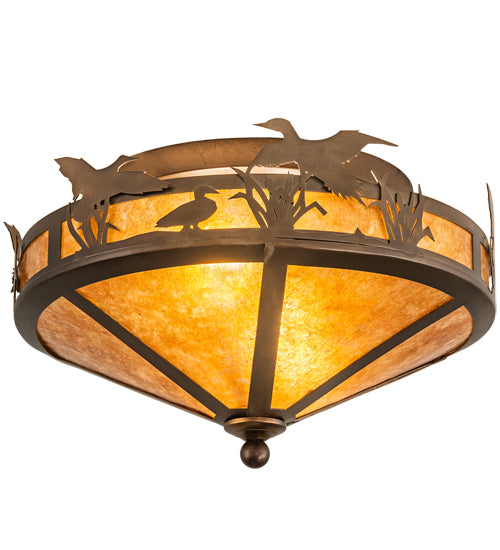 Meyda Lighting Ducks in Flight 16" 2-Light Antique Copper Flush Mount Light With Amber Mica Shade Glass