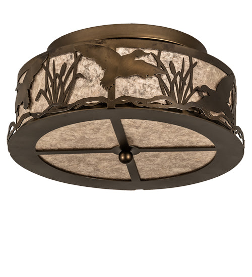 Meyda Lighting Ducks in Flight 16" 2-Light Antique Copper Flush Mount Light With Silver Mica Shade Glass