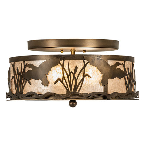 Meyda Lighting Ducks in Flight 16" 2-Light Antique Copper Flush Mount Light With Silver Mica Shade Glass