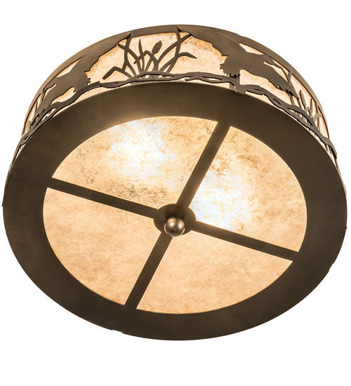 Meyda Lighting Ducks in Flight 16" 2-Light Antique Copper Flush Mount Light With Silver Mica Shade Glass