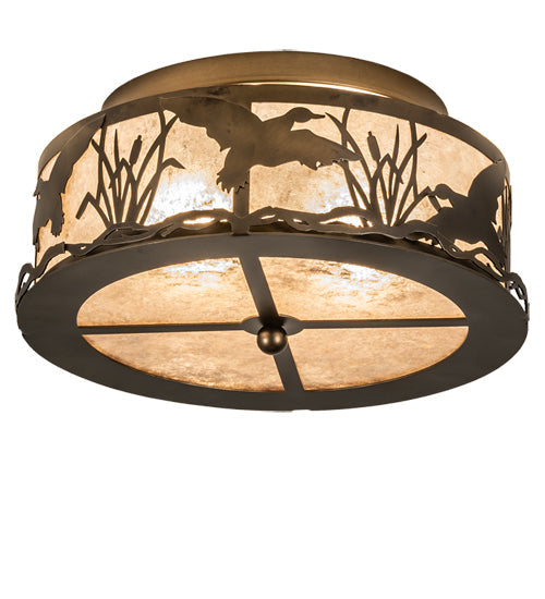 Meyda Lighting Ducks in Flight 16" 2-Light Antique Copper Flush Mount Light With Silver Mica Shade Glass