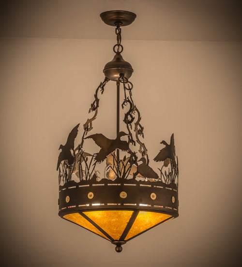 Meyda Lighting Ducks in Flight 16" 2-Light Antique Copper Inverted Pendant Light With Amber Mica Shade Glass