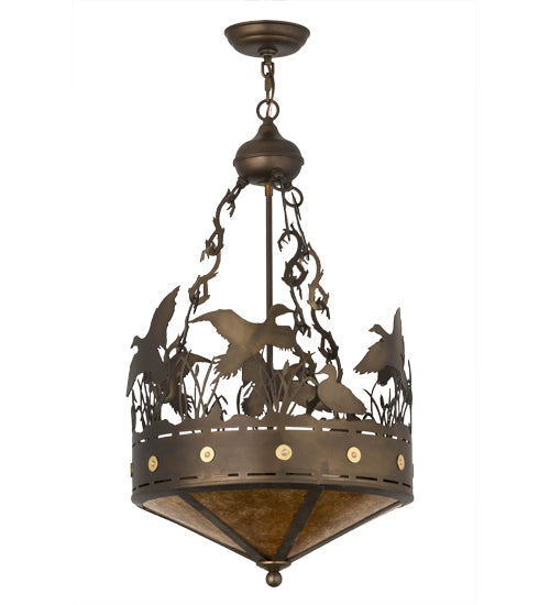 Meyda Lighting Ducks in Flight 16" 2-Light Antique Copper Inverted Pendant Light With Amber Mica Shade Glass