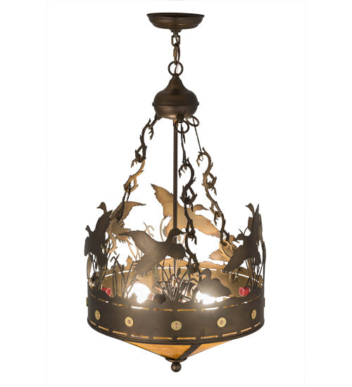 Meyda Lighting Ducks in Flight 16" 2-Light Antique Copper Inverted Pendant Light With Amber Mica Shade Glass