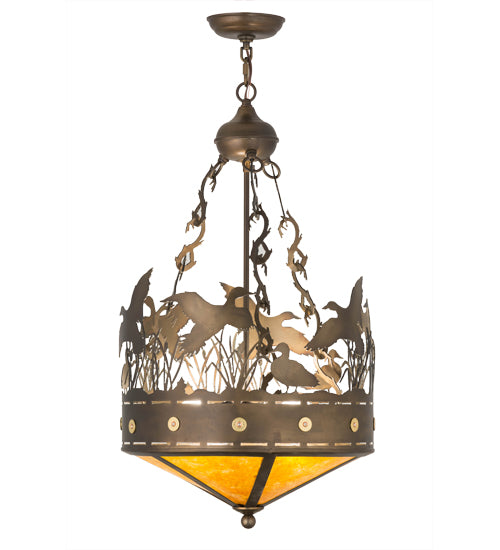 Meyda Lighting Ducks in Flight 16" 2-Light Antique Copper Inverted Pendant Light With Amber Mica Shade Glass