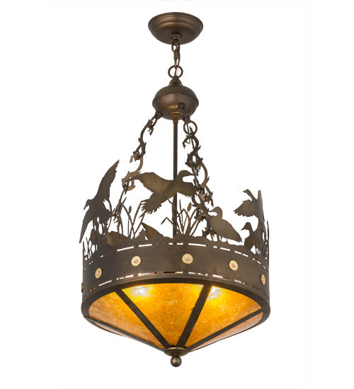 Meyda Lighting Ducks in Flight 16" 2-Light Antique Copper Inverted Pendant Light With Amber Mica Shade Glass