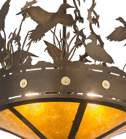Meyda Lighting Ducks in Flight 16" 2-Light Antique Copper Inverted Pendant Light With Amber Mica Shade Glass
