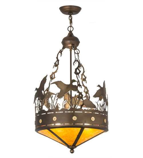 Meyda Lighting Ducks in Flight 16" 2-Light Antique Copper Inverted Pendant Light With Amber Mica Shade Glass