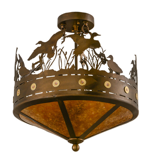Meyda Lighting Ducks in Flight 16" 4-Light Antique Copper Flush Mount Light With Amber Mica Shade Glass