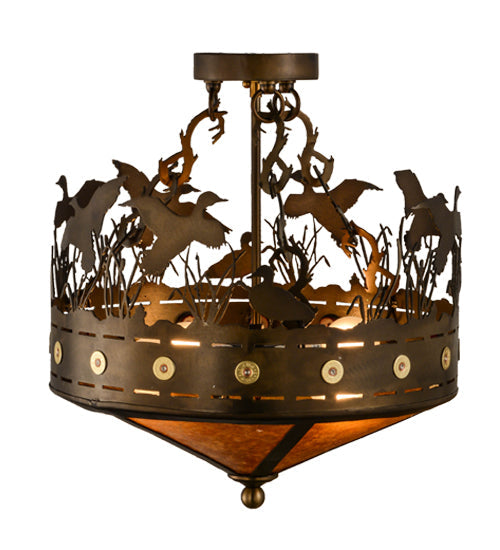 Meyda Lighting Ducks in Flight 16" 4-Light Antique Copper Flush Mount Light With Amber Mica Shade Glass