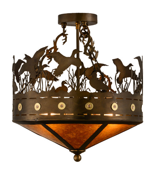 Meyda Lighting Ducks in Flight 16" 4-Light Antique Copper Flush Mount Light With Amber Mica Shade Glass