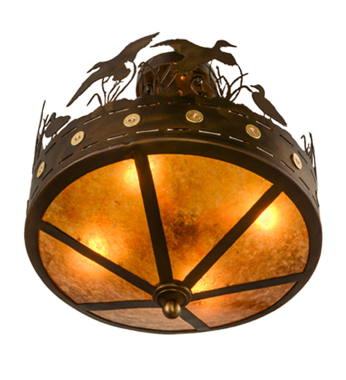 Meyda Lighting Ducks in Flight 16" 4-Light Antique Copper Flush Mount Light With Amber Mica Shade Glass