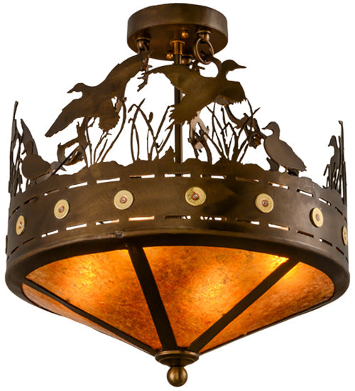 Meyda Lighting Ducks in Flight 16" 4-Light Antique Copper Flush Mount Light With Amber Mica Shade Glass