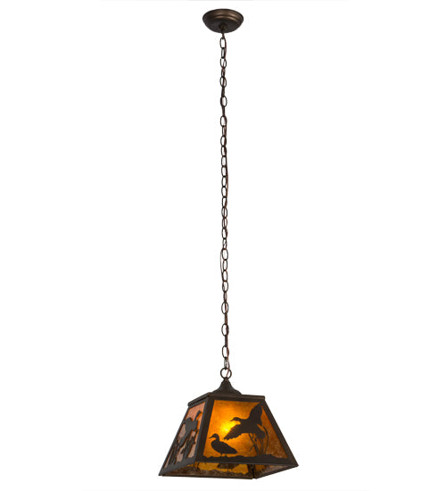 Meyda Lighting Ducks in Flight 17" Antique Copper Pendant Light With Amber Mica Shade Glass