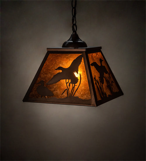 Meyda Lighting Ducks in Flight 17" Antique Copper Pendant Light With Amber Mica Shade Glass