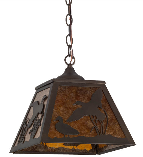 Meyda Lighting Ducks in Flight 17" Antique Copper Pendant Light With Amber Mica Shade Glass