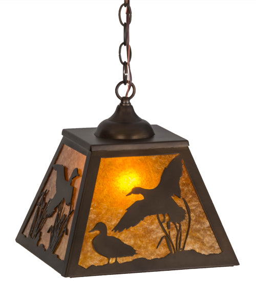 Meyda Lighting Ducks in Flight 17" Antique Copper Pendant Light With Amber Mica Shade Glass