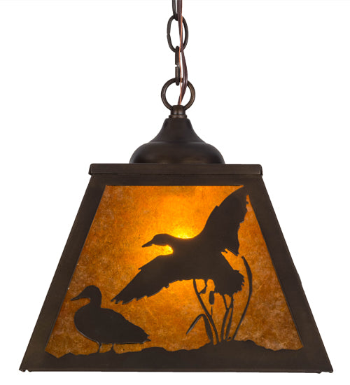 Meyda Lighting Ducks in Flight 17" Antique Copper Pendant Light With Amber Mica Shade Glass