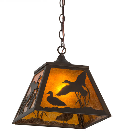 Meyda Lighting Ducks in Flight 17" Antique Copper Pendant Light With Amber Mica Shade Glass