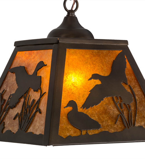 Meyda Lighting Ducks in Flight 17" Antique Copper Pendant Light With Amber Mica Shade Glass