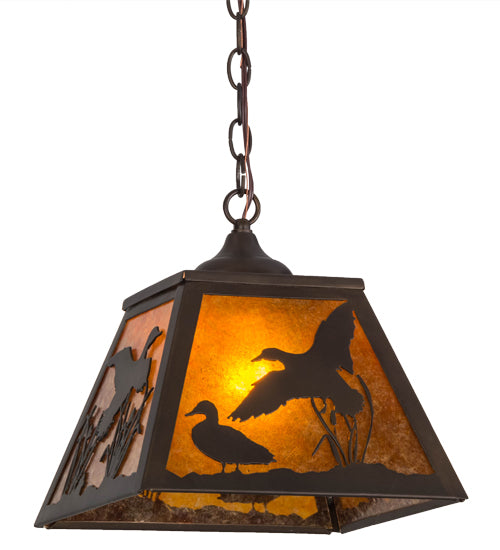 Meyda Lighting Ducks in Flight 17" Antique Copper Pendant Light With Amber Mica Shade Glass