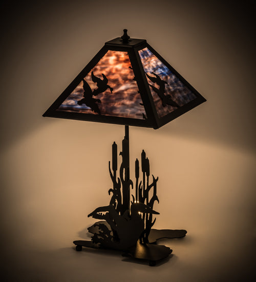 Meyda Lighting Ducks in Flight 21" 2-Light Table Lamp With Purple Blue Art Shade Glass and Highlighted Base
