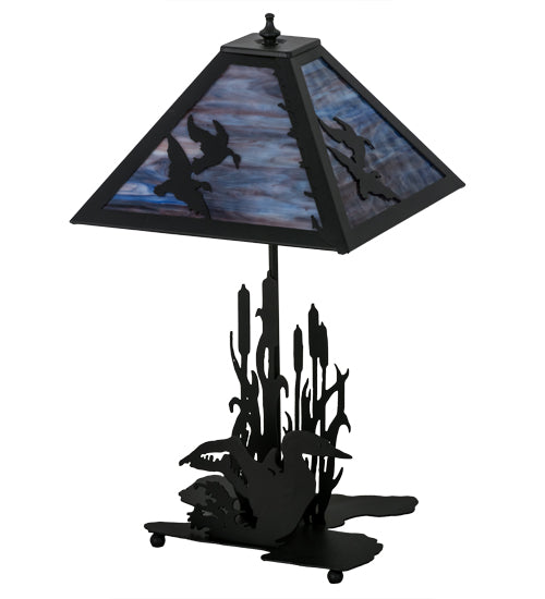 Meyda Lighting Ducks in Flight 21" 2-Light Table Lamp With Purple Blue Art Shade Glass and Highlighted Base