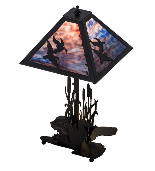 Meyda Lighting Ducks in Flight 21" 2-Light Table Lamp With Purple Blue Art Shade Glass and Highlighted Base