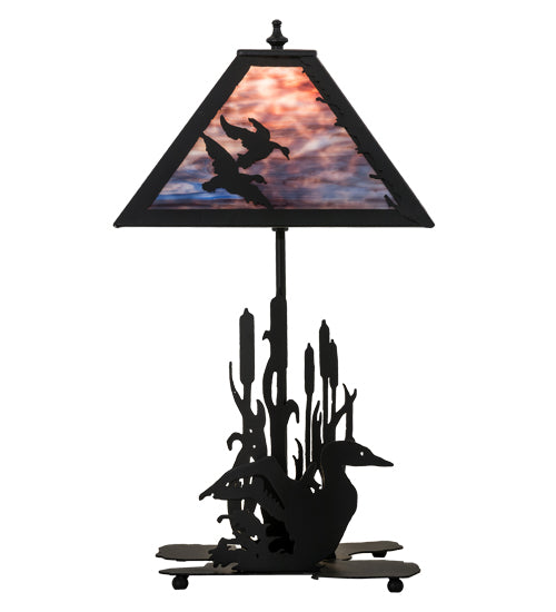Meyda Lighting Ducks in Flight 21" 2-Light Table Lamp With Purple Blue Art Shade Glass and Highlighted Base