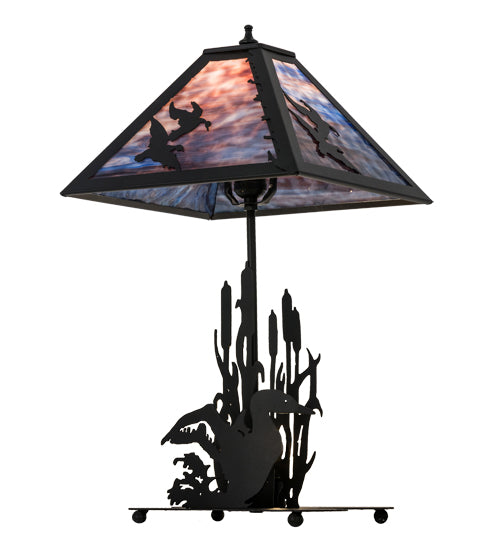 Meyda Lighting Ducks in Flight 21" 2-Light Table Lamp With Purple Blue Art Shade Glass and Highlighted Base