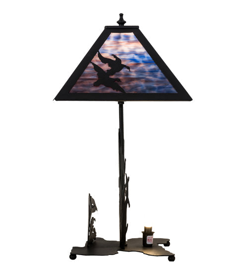 Meyda Lighting Ducks in Flight 21" 2-Light Table Lamp With Purple Blue Art Shade Glass and Highlighted Base