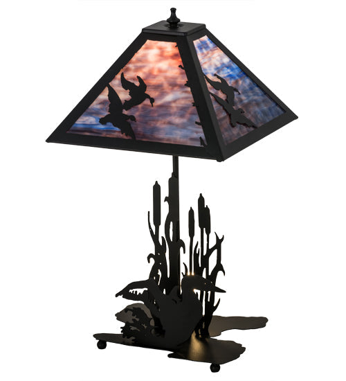 Meyda Lighting Ducks in Flight 21" 2-Light Table Lamp With Purple Blue Art Shade Glass and Highlighted Base