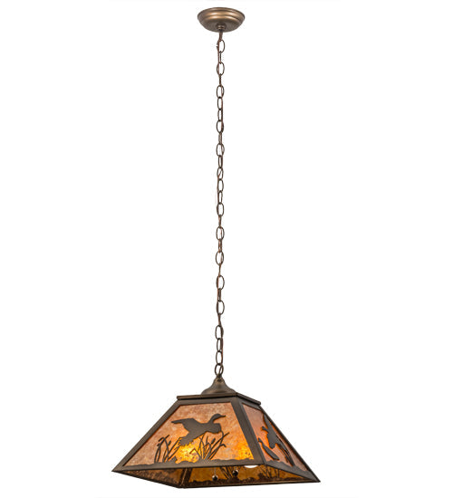 Meyda Lighting Ducks in Flight 22" 2-Light Antique Copper Pendant Light With Amber Mica Shade Glass