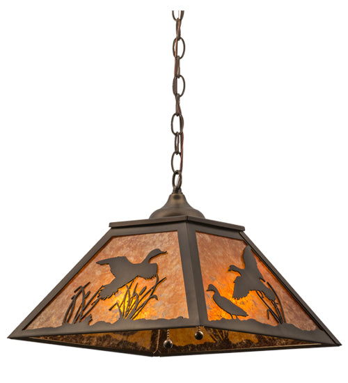 Meyda Lighting Ducks in Flight 22" 2-Light Antique Copper Pendant Light With Amber Mica Shade Glass