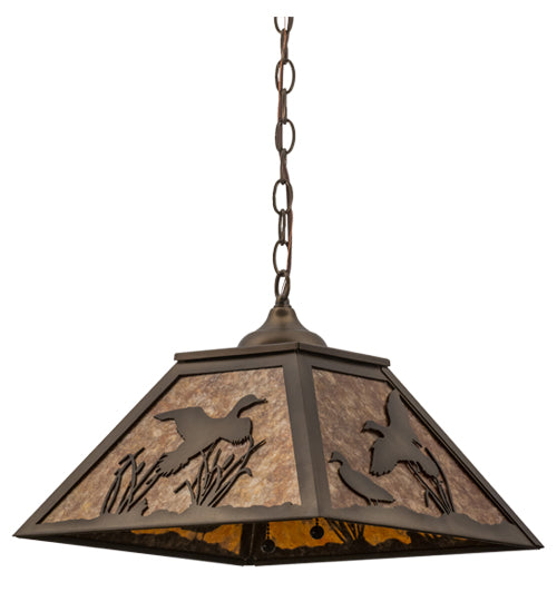 Meyda Lighting Ducks in Flight 22" 2-Light Antique Copper Pendant Light With Amber Mica Shade Glass
