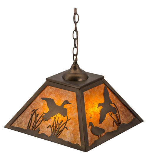 Meyda Lighting Ducks in Flight 22" 2-Light Antique Copper Pendant Light With Amber Mica Shade Glass
