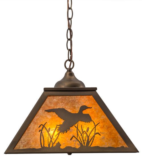 Meyda Lighting Ducks in Flight 22" 2-Light Antique Copper Pendant Light With Amber Mica Shade Glass
