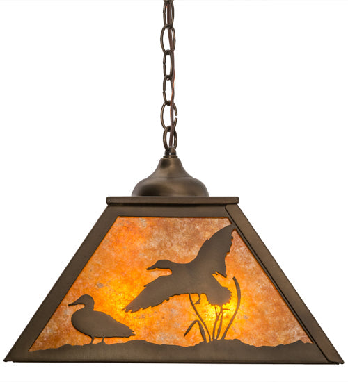 Meyda Lighting Ducks in Flight 22" 2-Light Antique Copper Pendant Light With Amber Mica Shade Glass