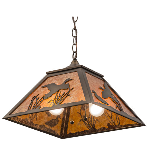 Meyda Lighting Ducks in Flight 22" 2-Light Antique Copper Pendant Light With Amber Mica Shade Glass