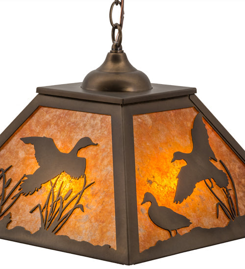 Meyda Lighting Ducks in Flight 22" 2-Light Antique Copper Pendant Light With Amber Mica Shade Glass