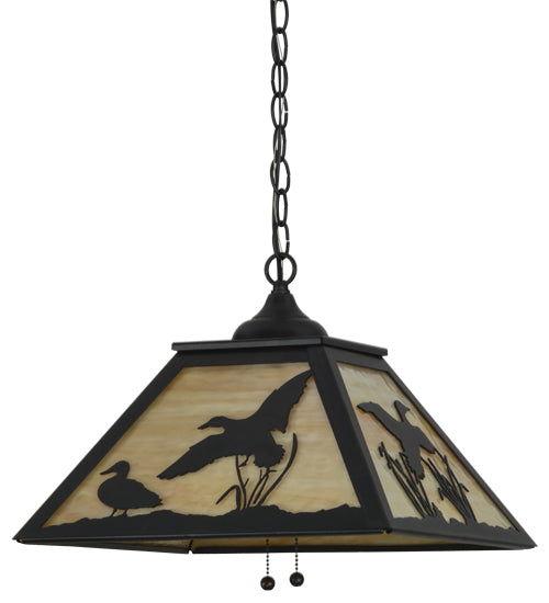 Meyda Lighting Ducks in Flight 22" 2-Light Textured Black Pendant Light With Beige Art Shade Glass