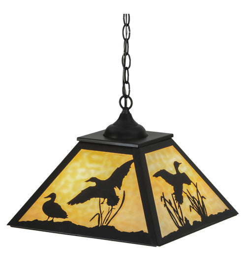 Meyda Lighting Ducks in Flight 22" 2-Light Textured Black Pendant Light With Beige Art Shade Glass
